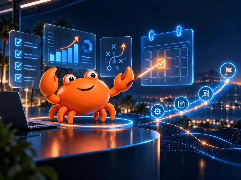 Mr Crab 7 marcando una fecha en un calendario holográfico con una hoja de ruta de hitos