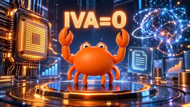 Mr Crab 7 con el rótulo IVA=0 junto a un cerebro de inteligencia artificial y documentos