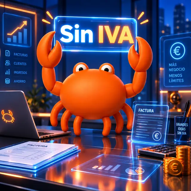 Mr Crab 7 sostiene el rótulo Sin IVA en un escritorio con facturas, portátil y monedas de euro